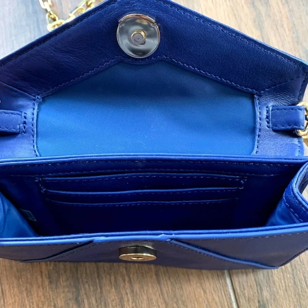 Tory Burch Blue Leather Mini Crossbody with Pink Bow and Gold Chain